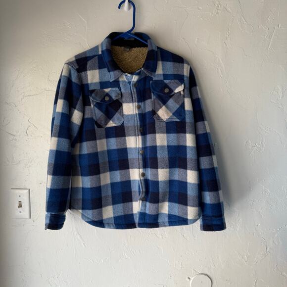 Eddie Bauer Boy's Size Large 12/14 Blue Plaid Sherpa Lined Fleece Button Sweater - Picture 1 of 9